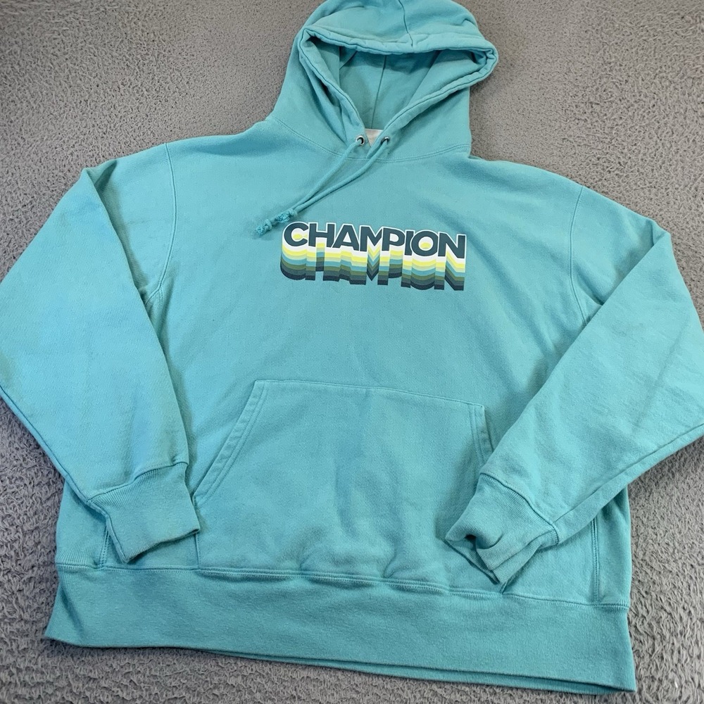 Champion Hoodie Mens XL Reverse Weave Teal Multi-Logo Retro Hooded Sweatshirt